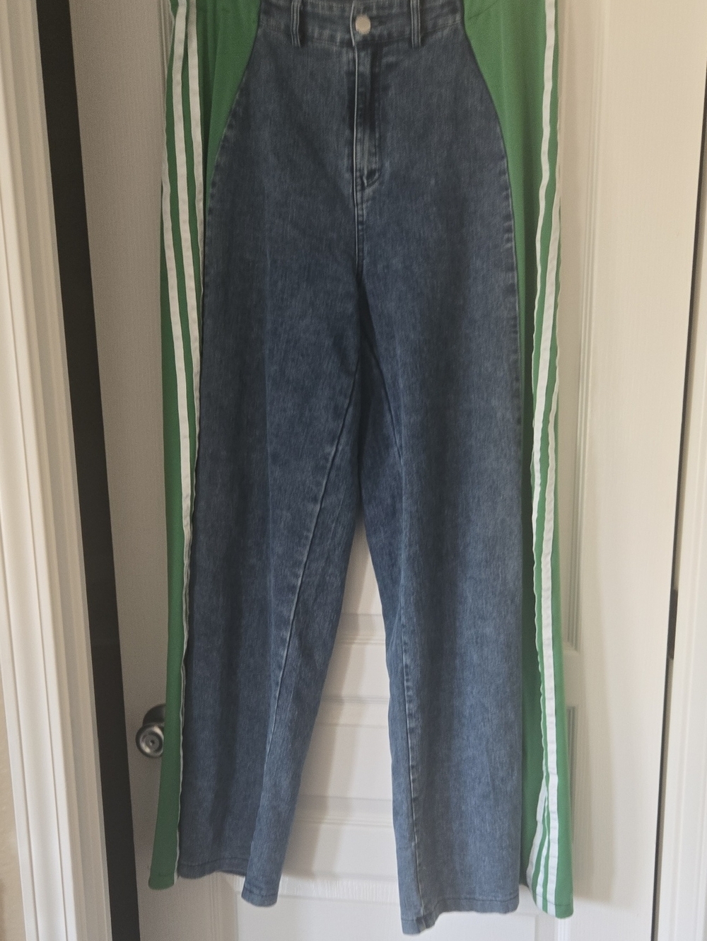 Patchwork Green and White High-Waist Wide-Leg Women's Jeans in Blue Wash